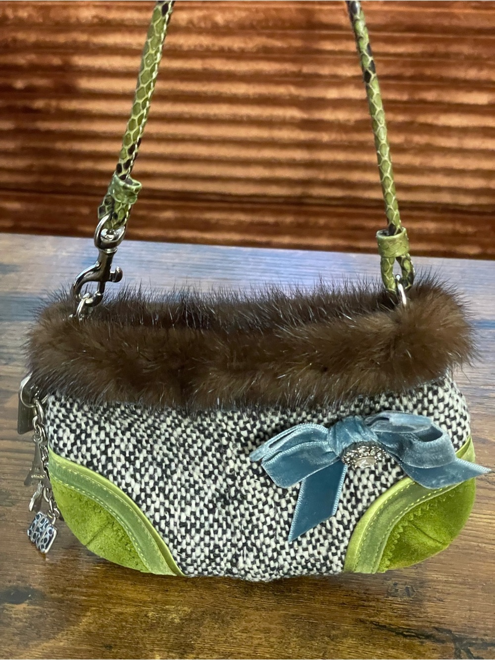 COACH SOHO Python Strap Tweed Mink Fur Green Suede Blue Ribbon Wristlet